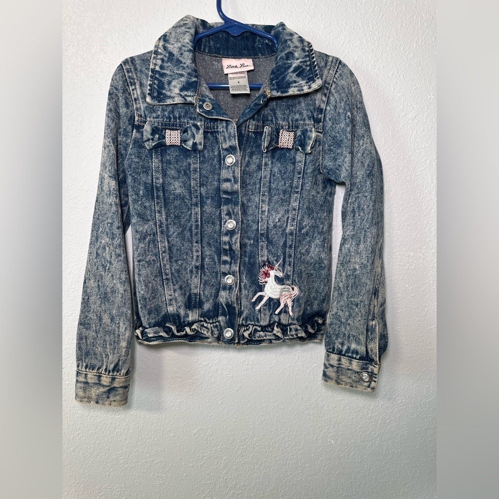 Little Lass Denim Jacket Kids Sz 6T Blue Excellent Acid Wash Unicorn Sequin Bows
